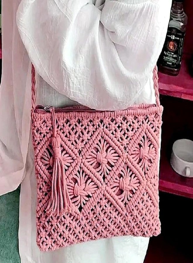 Urooz Women Macrame Cross-Body Boho Chic Handmade Natural Fiber Cord Yarn Small Mini Casual Festival Beach Bohemian Fringe Tassel Woven Textile PINK COLOUR - Image 5